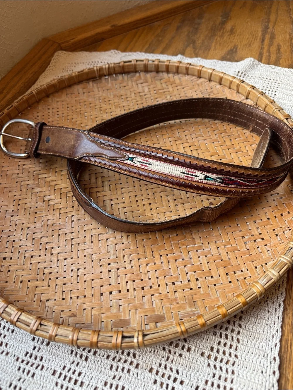 Brown Leather Belt with Woven Multicolor Inlay